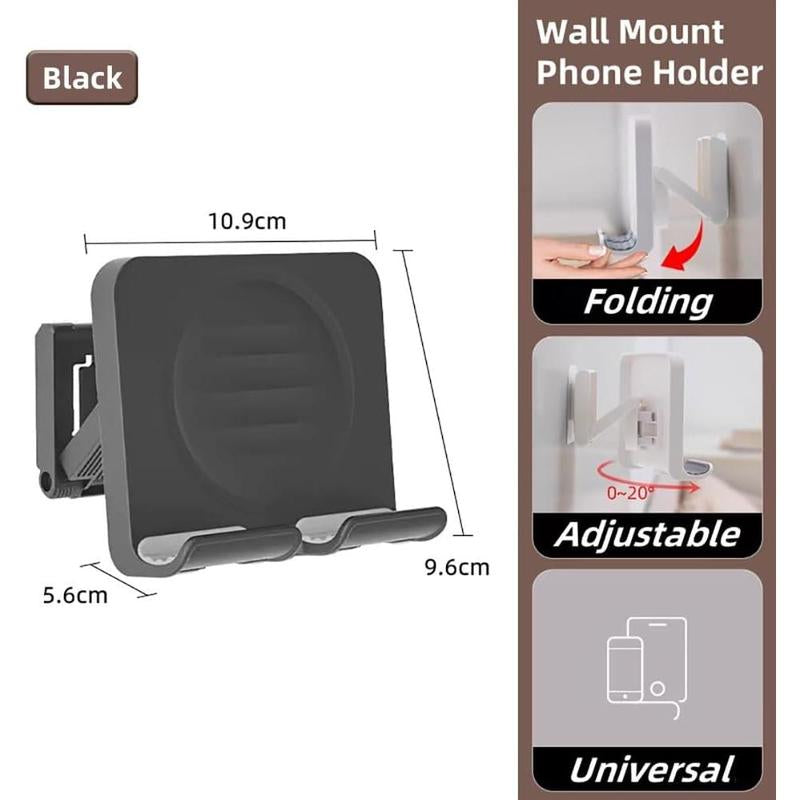 Enhanced Wall-Mounted Shower Phone Holder with Three Adhesive Stickers | Adjustable and Removable Cell Phone Stand for Bathroom, Bedroom, and Kitchen | Universally Compatible with All Phones and Tablets (Black)