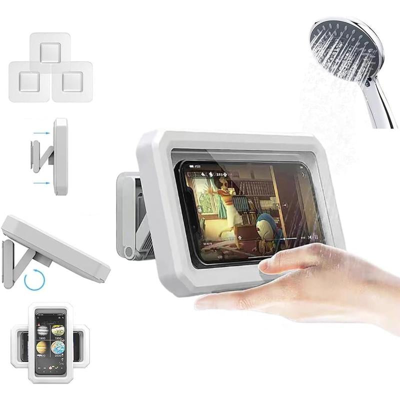 Enhanced Wall-Mounted Shower Phone Holder with Three Adhesive Stickers | Adjustable and Removable Cell Phone Stand for Bathroom, Bedroom, and Kitchen | Universally Compatible with All Phones and Tablets (Black)